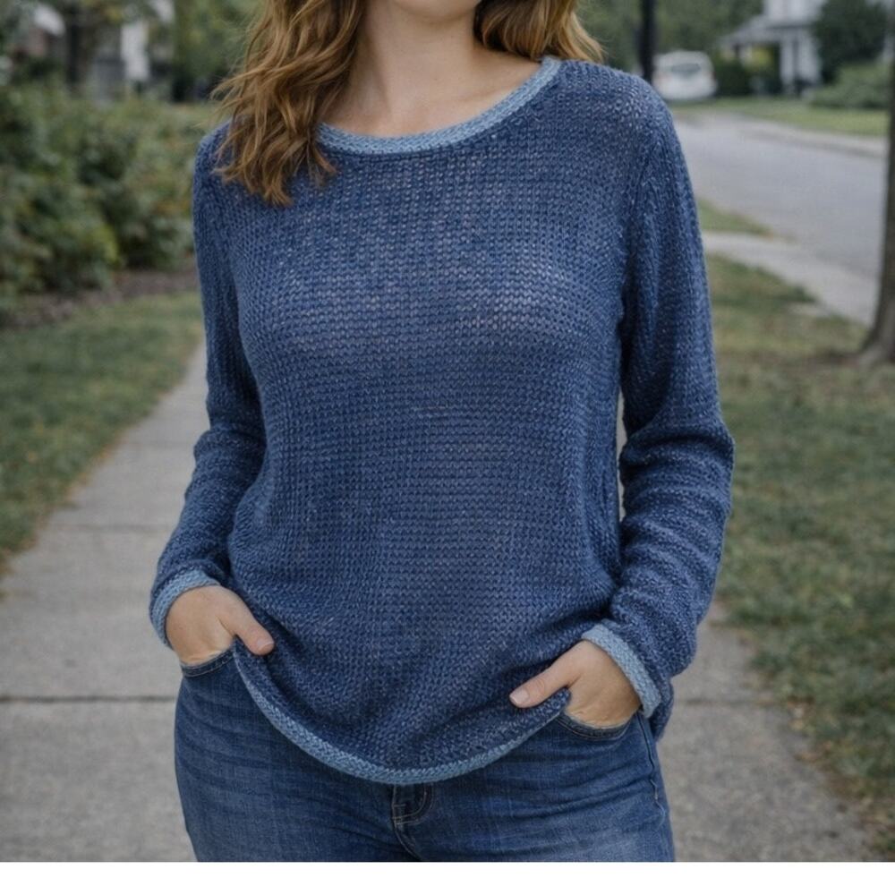 J Mclaughlin Blue Linen Open Weave Sweater Small